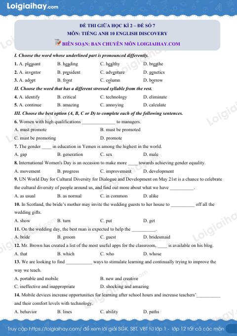 Đề thi giữa kì 2 Tiếng Anh 10 English Discovery - Đề số 7